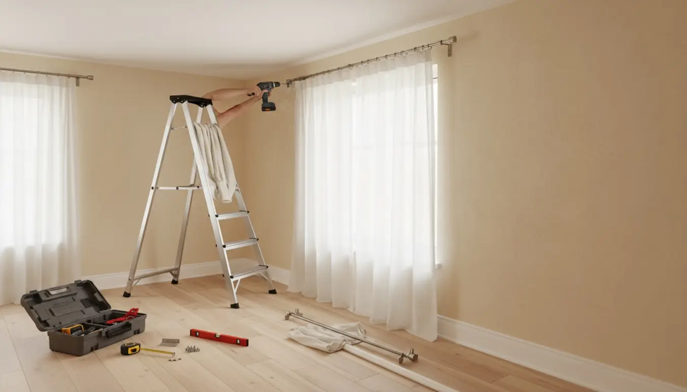 En person på en stige monterer en ny gardinstang i et lyst soveværelse, mens brækket gardinstang og værktøj ligger på gulvet.