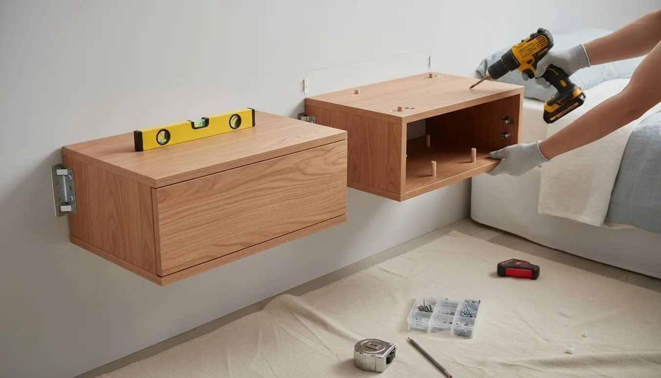 To sengeborde samles og monteres på en væg, med værktøj og hænder i fokus.