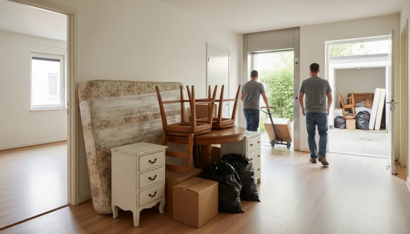 Gang med stabler af møbler og en sofa på flyttedolly på vej mod elevatoren, klar til storskrald i gården.