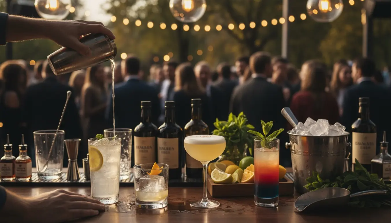 Bartender forbereder og pynter fire forskellige cocktails ved en oplyst bar med slørede gæster i baggrunden.
