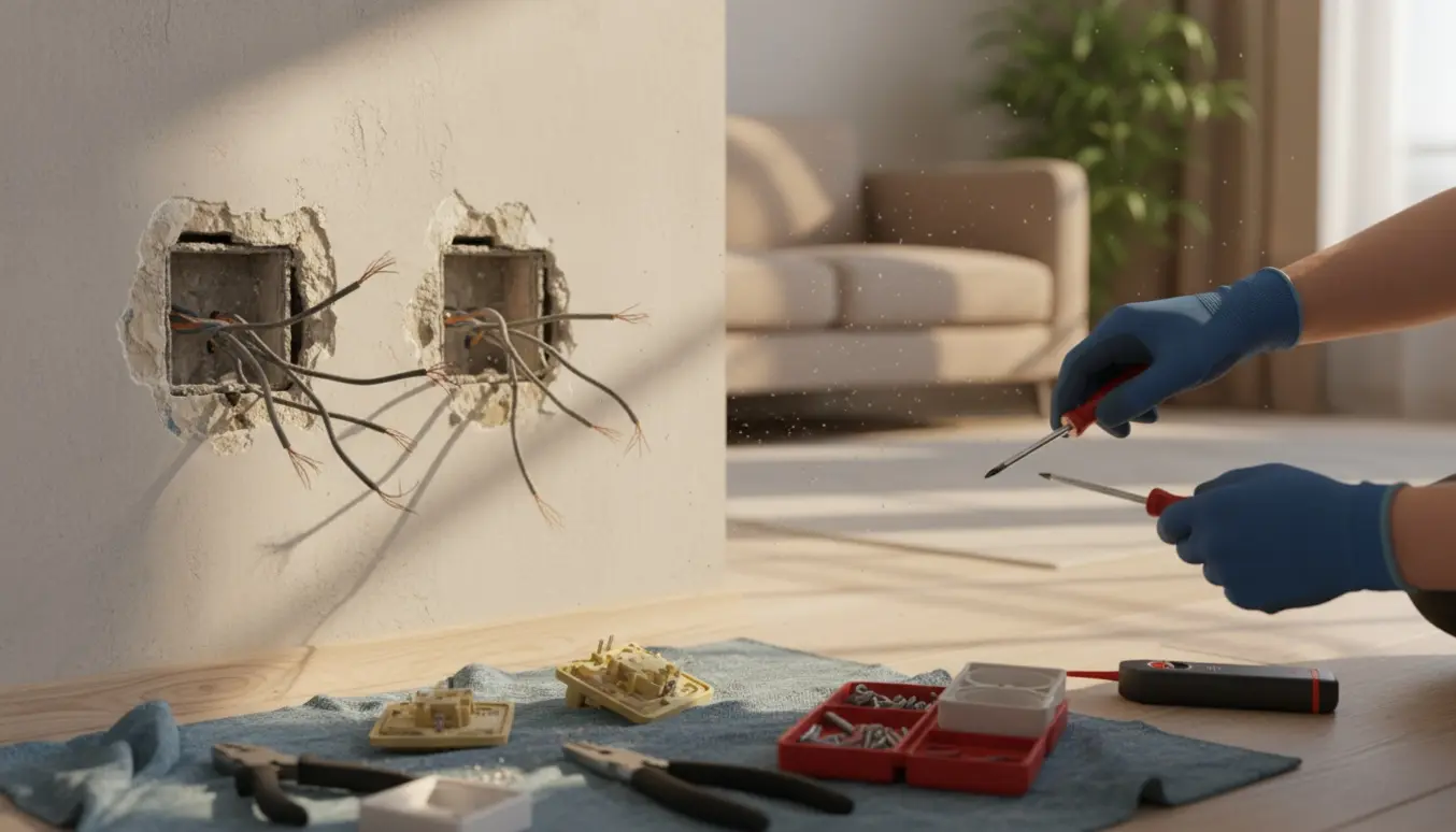 Nærbillede af handskerede hænder der fjerner to gamle stikkontakter fra en væg med værktøj og åben værktøjskasse i naturligt dagslys.