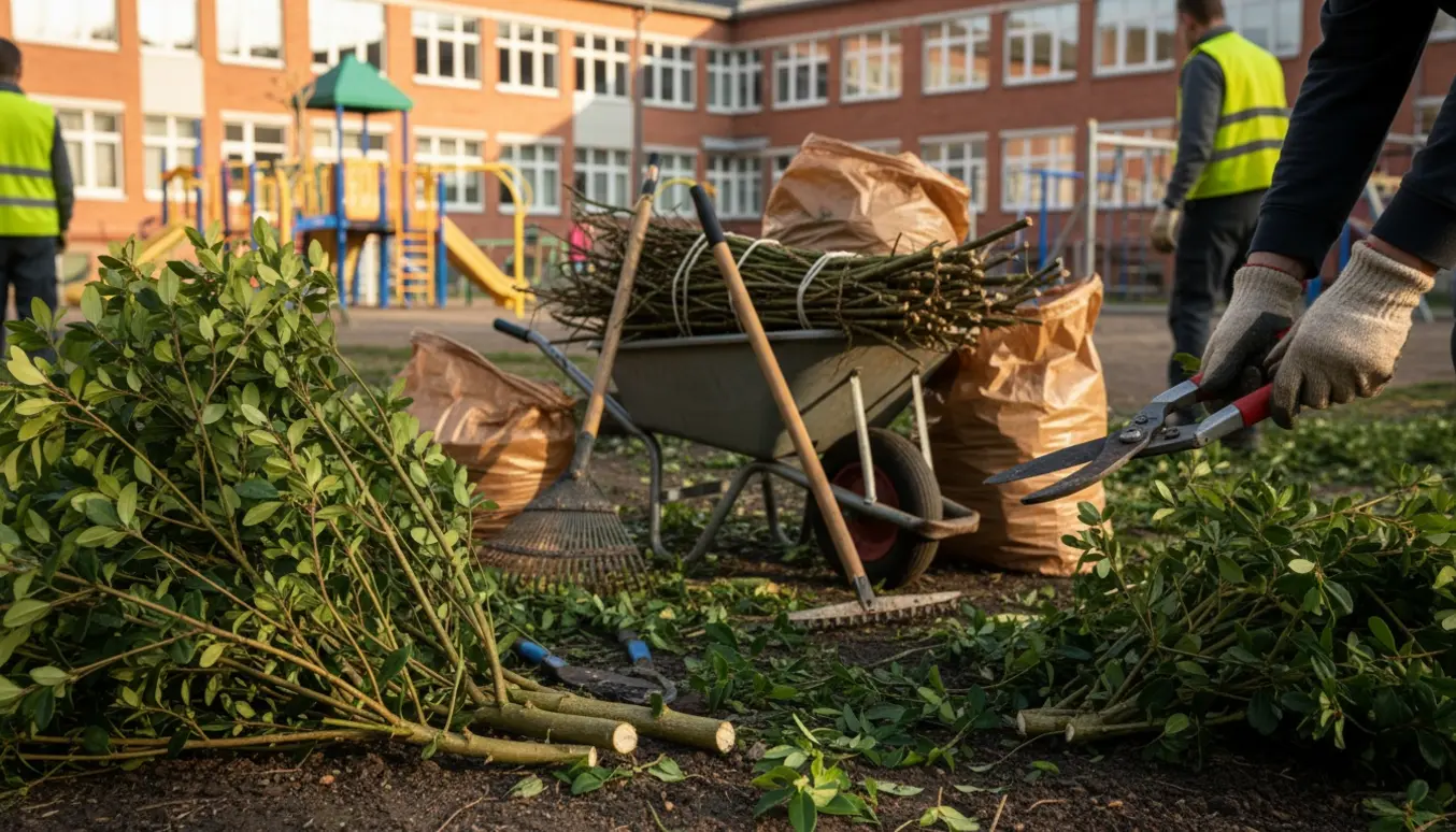 Hænder i handsker beskærer buske i en skolgård med en trillebør fyldt med afklippede grene.