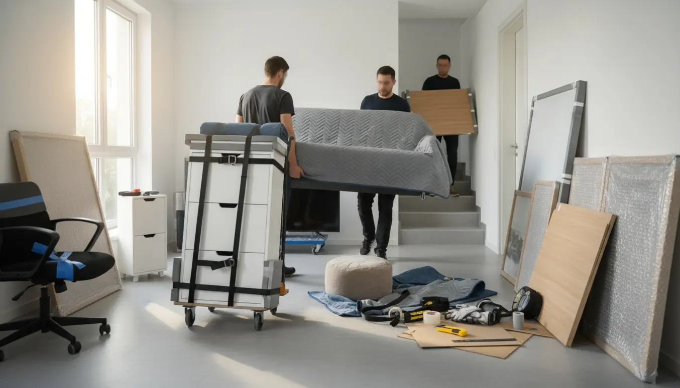 Movere bærer en indpakket sofa og flere møbler i en lys lejlighed under en flytning.