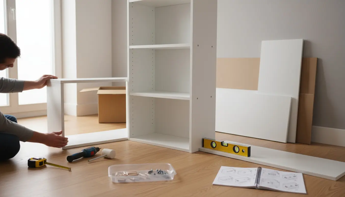 Hænder samler en høj, smal fladpakket reol i en lys stue med værktøj og dele på gulvet.
