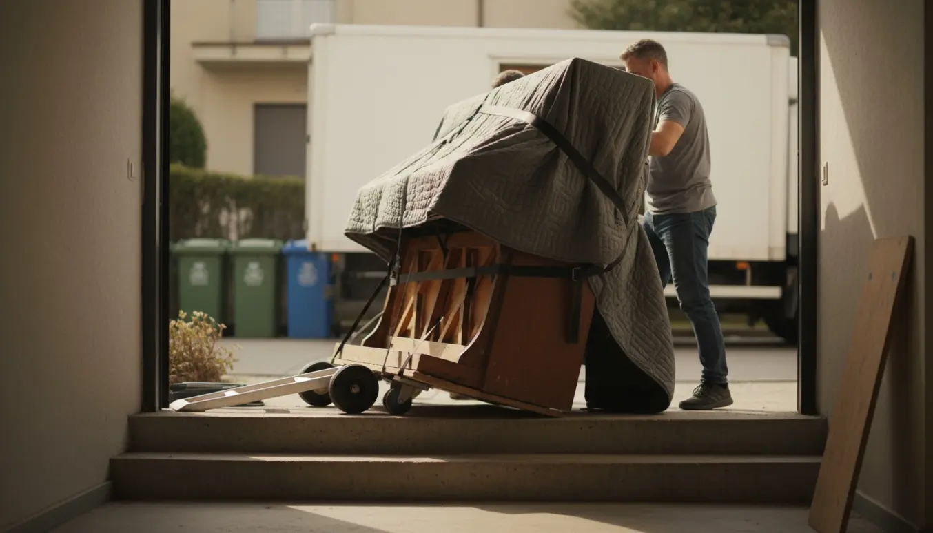 Upright-klaver løftes op ad fem kældertrapper af flyttefolk med flyttetæpper og stropper.