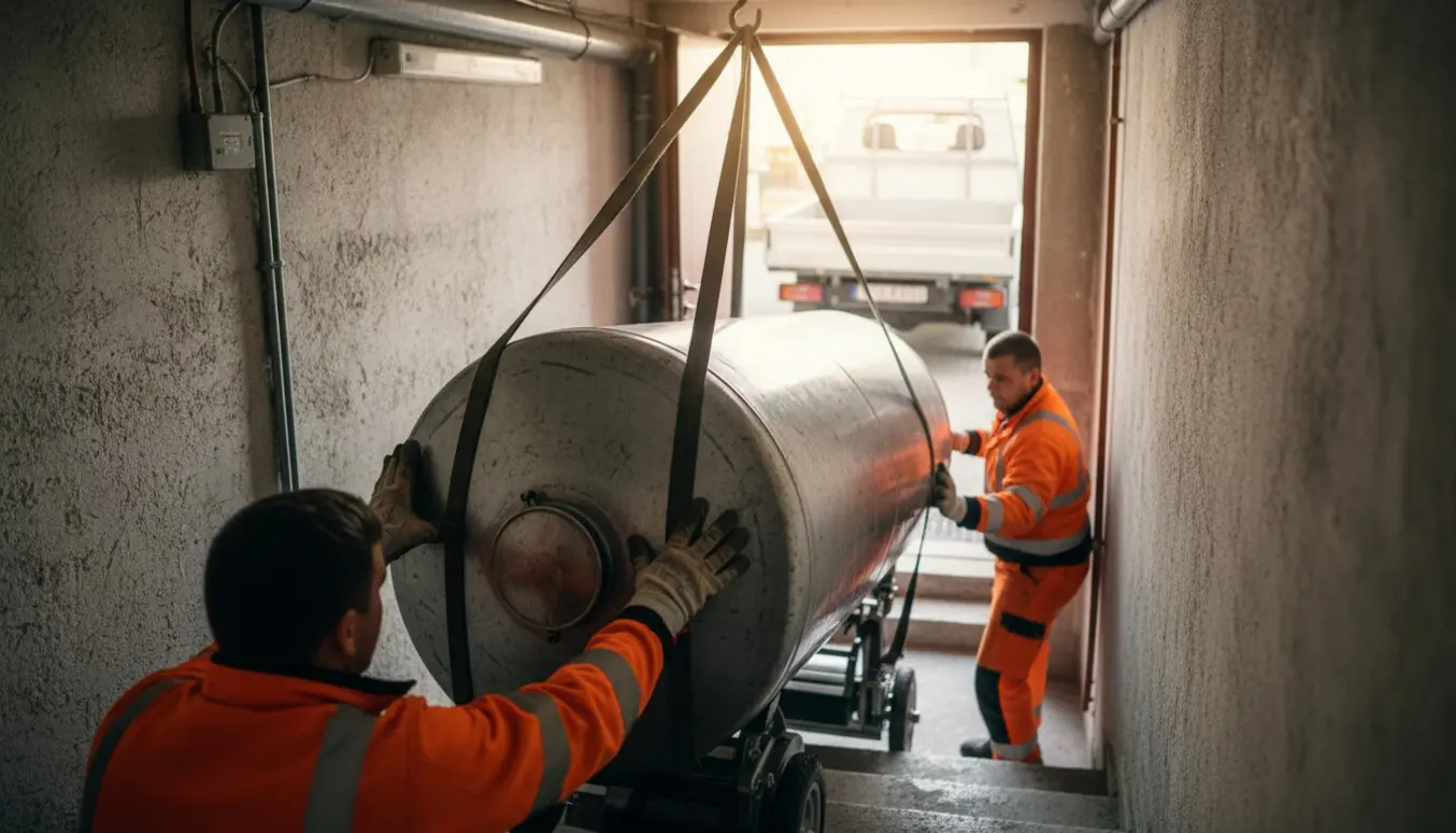 Tømmet 2500 l olietank løftes op ad kældertrappen af to arbejdere med løftebånd og trappemaskine.