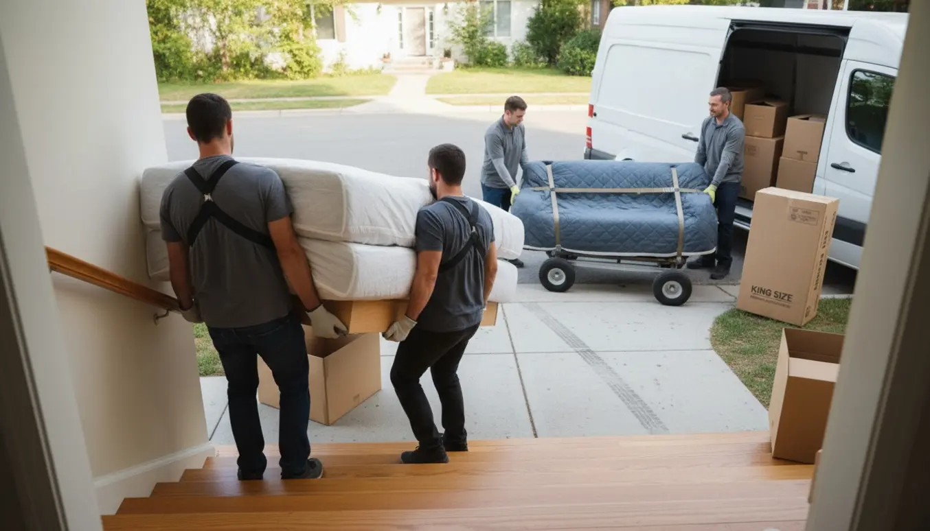 Flyttefolk og husejer bærer seng, madras og sofa ud af huset med en flyttevogn klar udenfor.