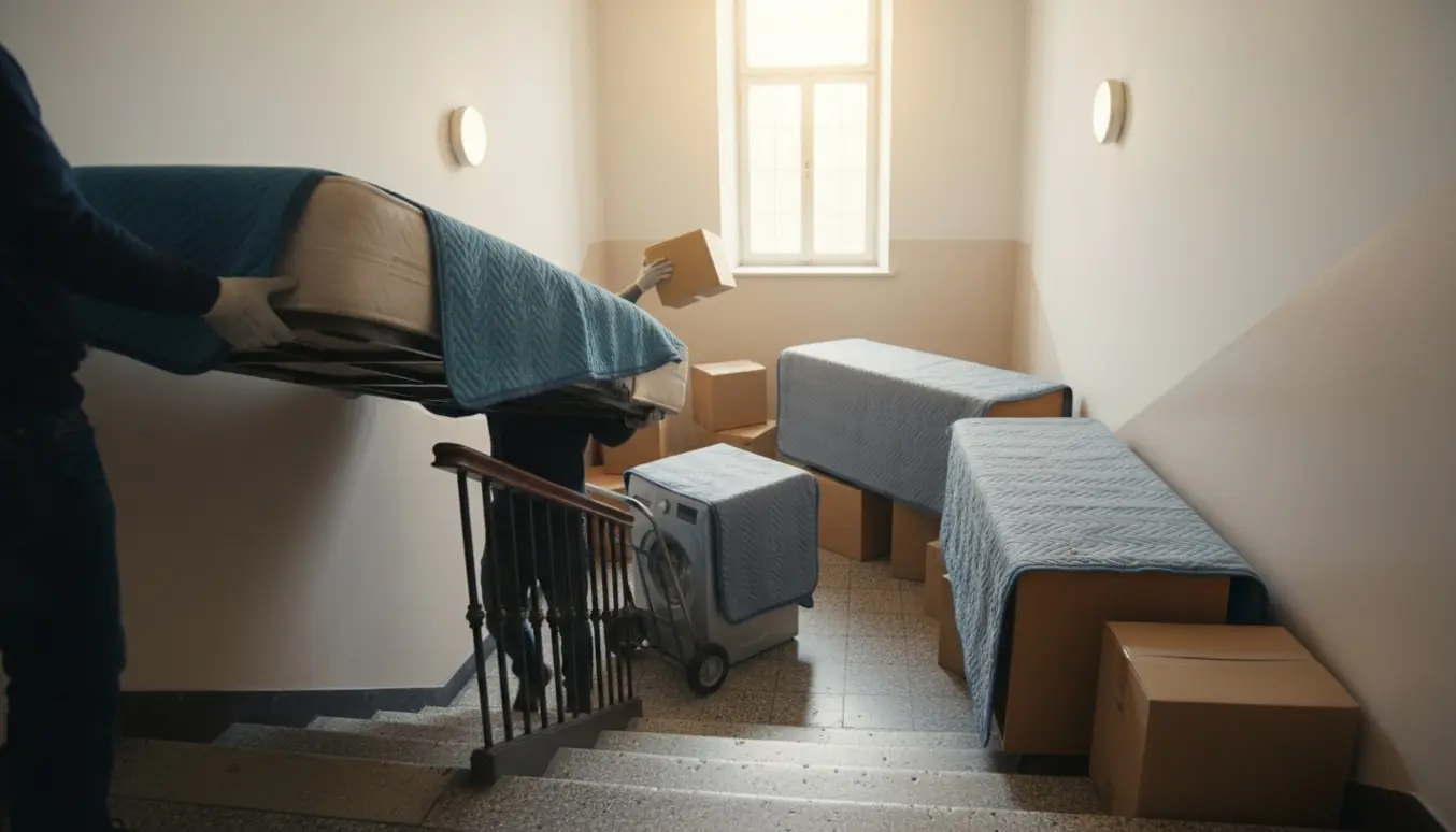 Flytning i en smal trappeopgang med senge, vaskemaskine, tv-møbler og flyttekasser.