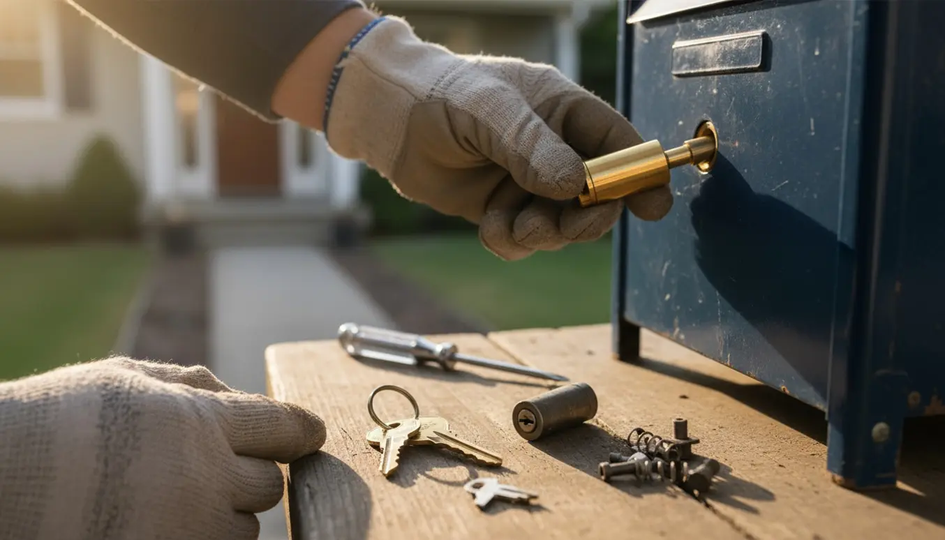 Nærbillede af hænder, der skifter lås i en postkasse med værktøj og nøgler.