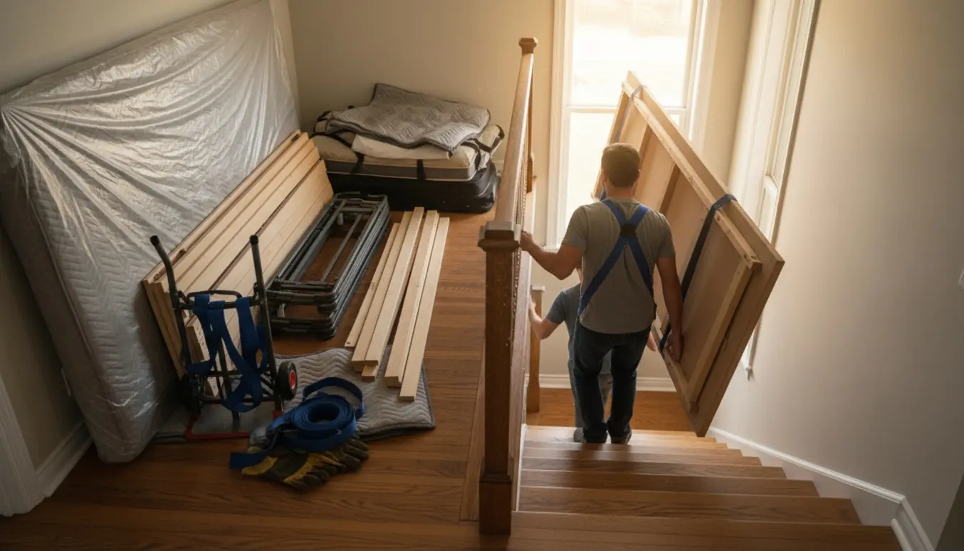 To personer bærer en sengekomponent op ad en trappe med adskilte sengeelementer og flytteudstyr i gangen.