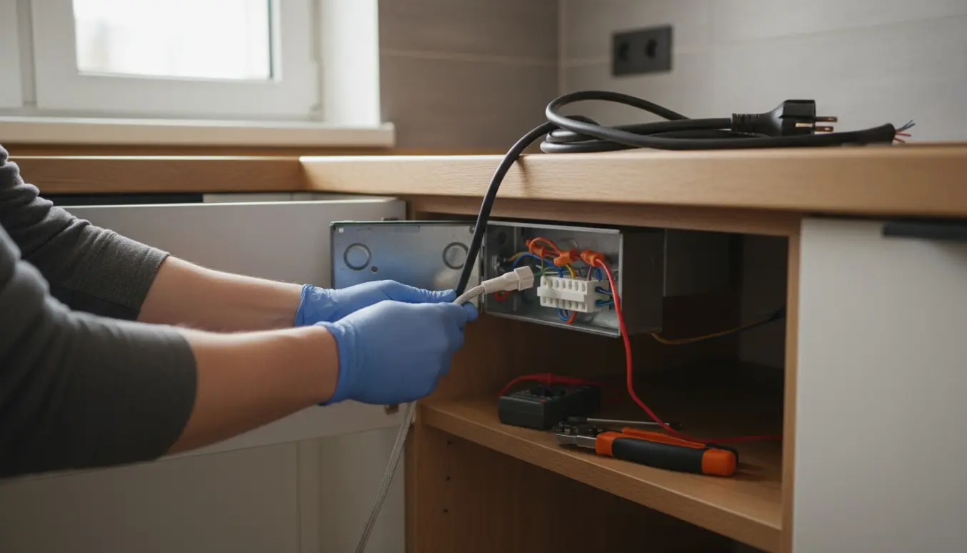 Nærbillede af hænder, der monterer et kort kabel og hunstik i en køkken-forgreningsdåse ved installation af induktionskogeplade og ovn.