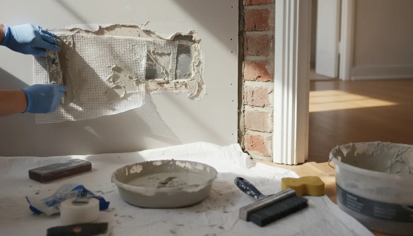 Nærbillede af småreparationer: en hånd lægger spartelmasse på et hul i en gipsvæg og reparerer mørtel ved dørkarmen.