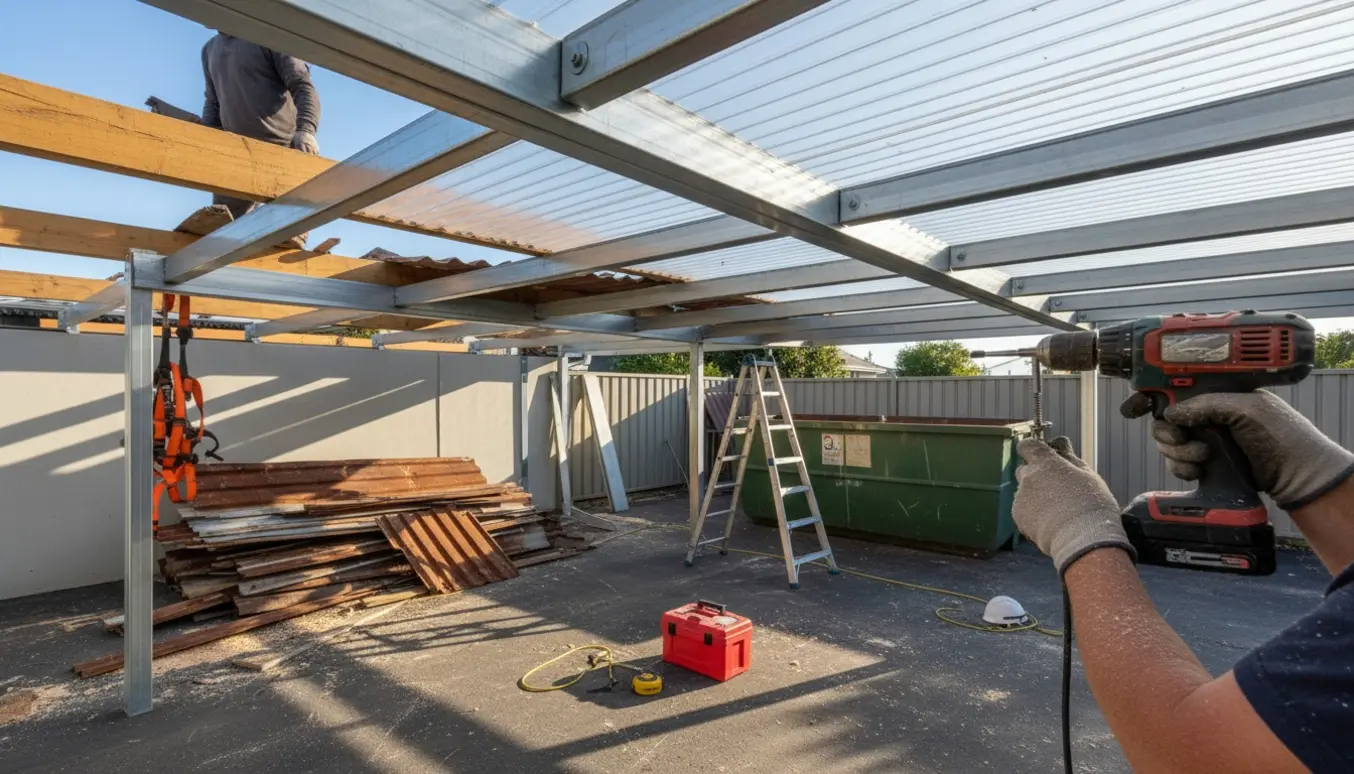 Carporttag under udskiftning med nye polycarbonat trapezplader og afmonterede plader stablet ved siden af.