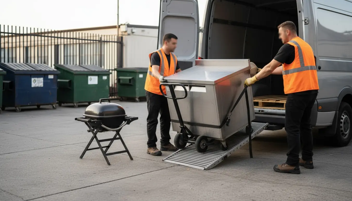 To flyttefolk læsser et tungt rustfrit kølebord og en grill i en varevogn ved en genbrugsplads.