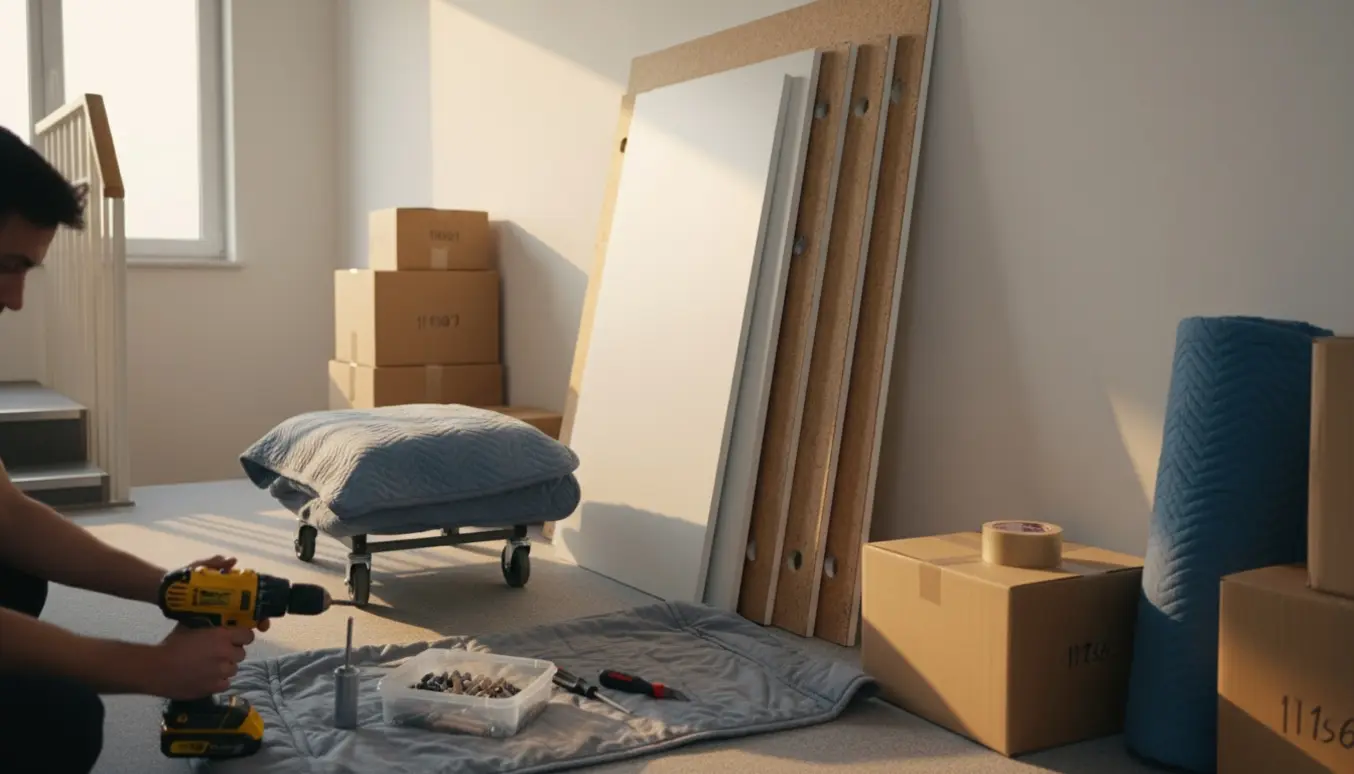 Delvist adskilt hvidt klædeskab på en trappeopgang med værktøj og flyttekasser klar til bortskaffelse.