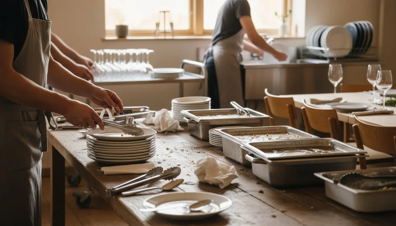 Hænder rydder buffetborde og stabler brugte tallerkener ved en opvaskestation i et lyst festlokale.
