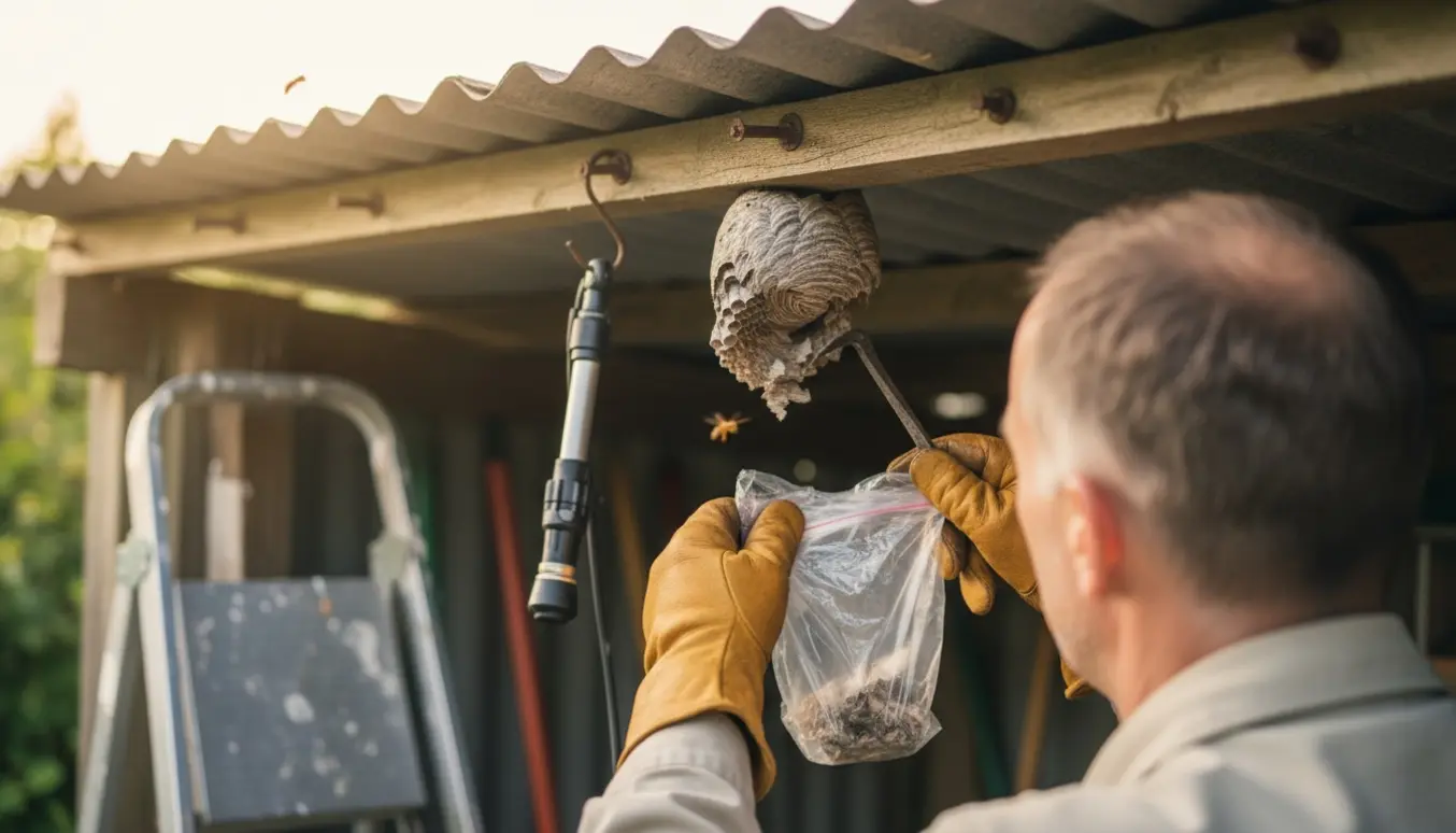 Nærbillede af beskyttede hænder, der fjerner et hvepsebo fra underside af tagplade på et lille udhus.