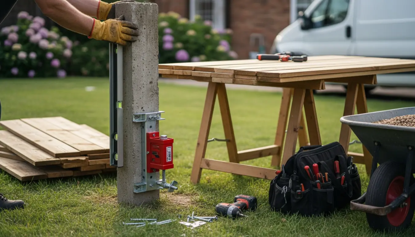 Håndværker justerer en betonsøjle med vaterpas mens nye lærkepaneler ligger klar i haven.