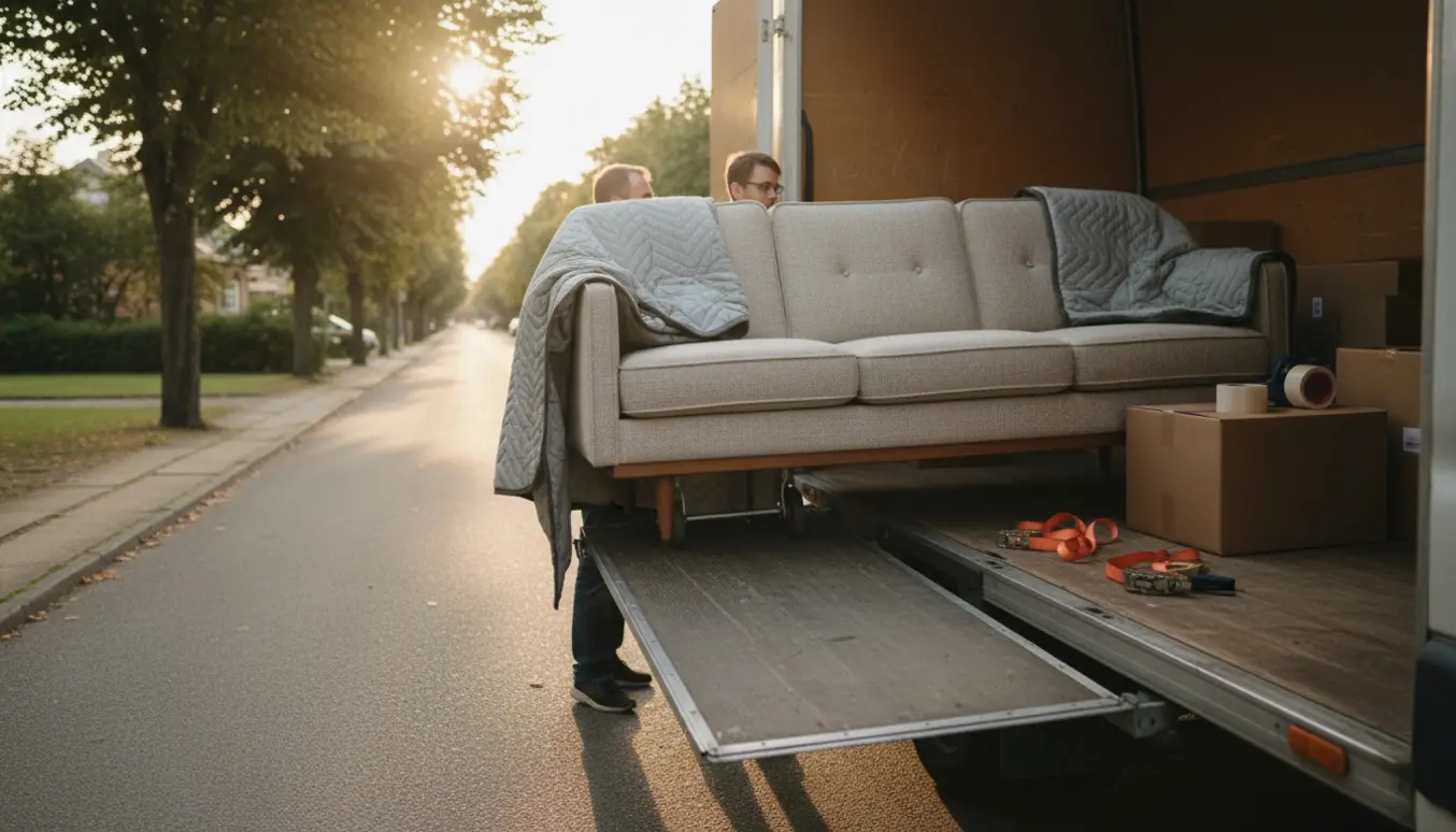 En sofa læsses ind i en flyttebil ved aftenskumring, beskyttet af flyttetæpper og en dolly.
