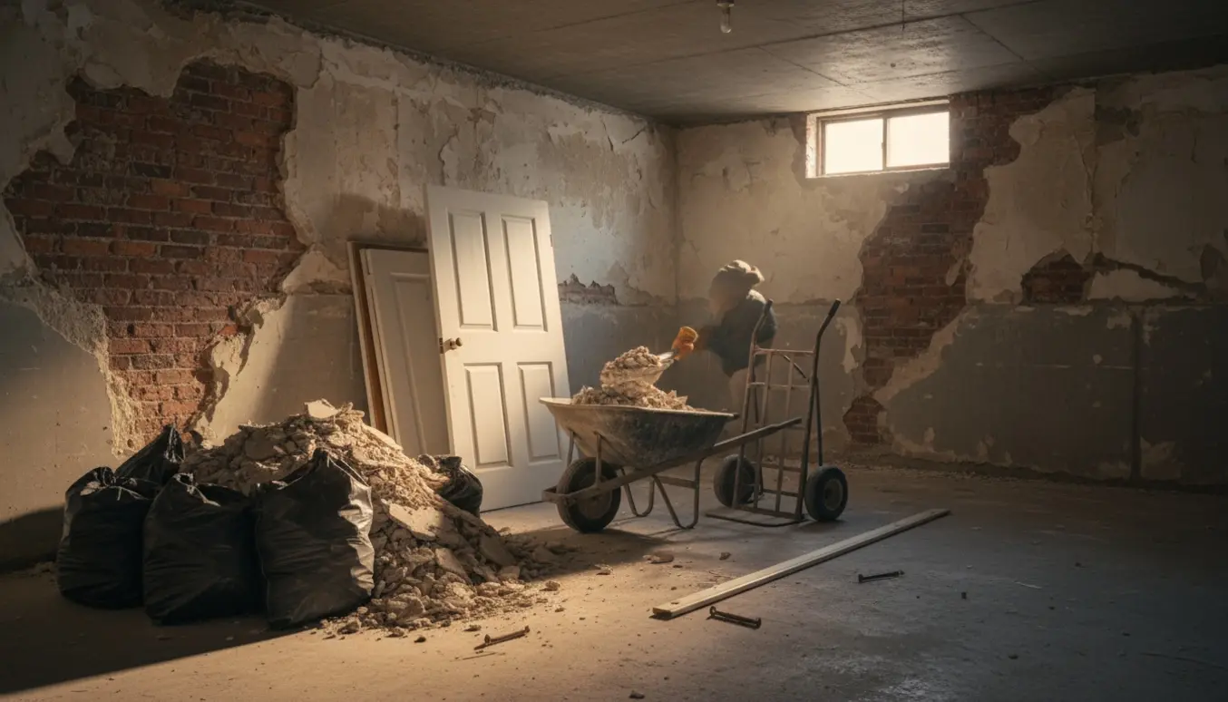 Sække med gammelt puds, skabselementer og en dør stablet i en kælder under nedrivning.