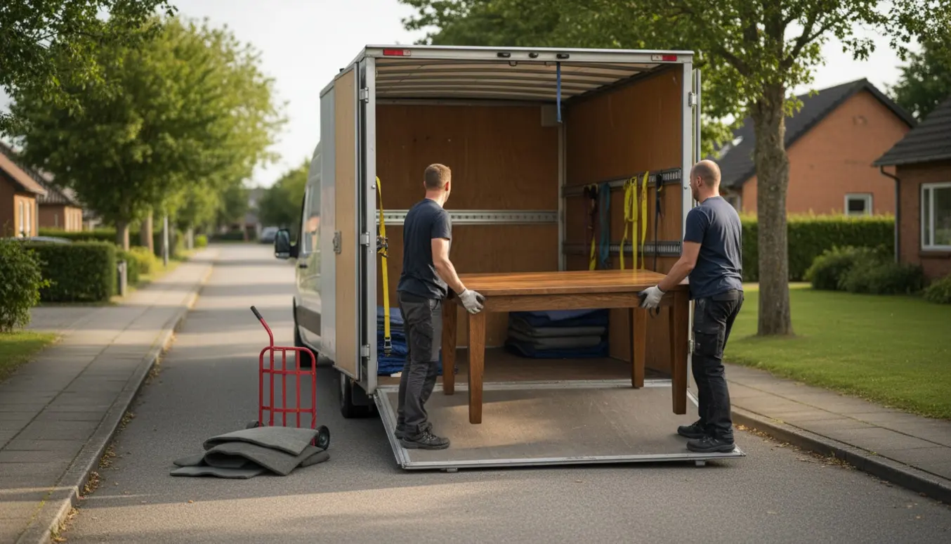 To personer læsser et træspisebord ind i en lukket trailer på en stille villavej i Viby.