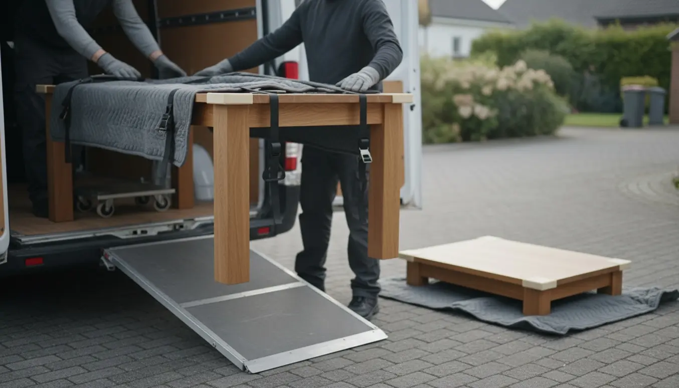 Et spisebord omkring 160 cm læsses ind i en flyttevogn med beskyttelsestæpper og to tillægsplader ved siden af.