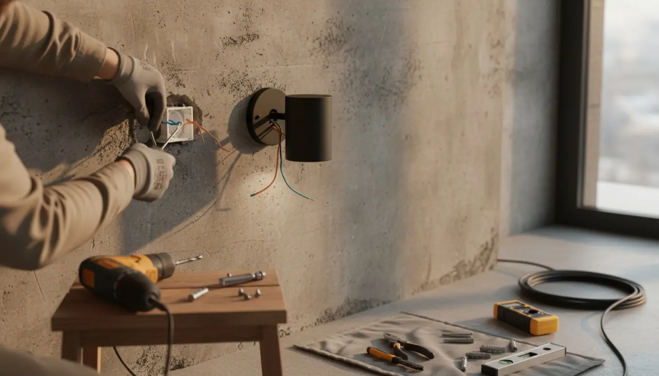 Nærbillede af montering af væglampe og installation af lysdæmper på en betonvæg, hænder og værktøj synlige, ingen ansigter.