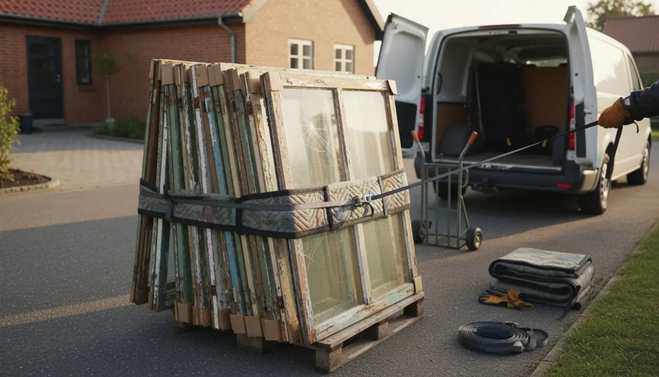 Stak af ni gamle vinduesrammer klar til afhentning ved en åben varevogn i en indkørsel.