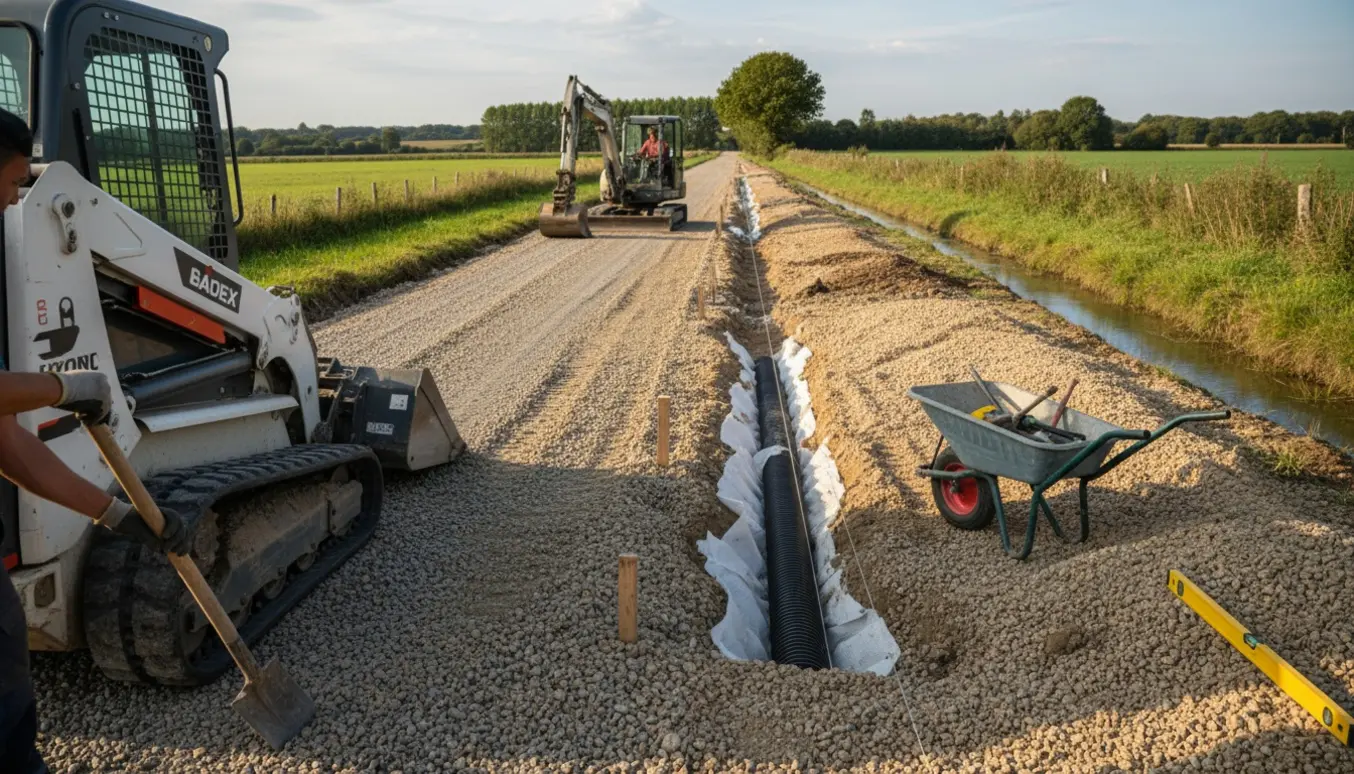 Privat grusvej under renovering med gravemaskine, drænrør og nyt lag knust sten for bedre vandafledning.