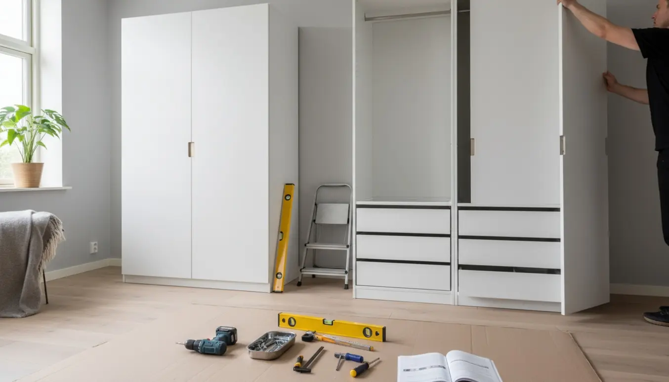 To hvide skabe monteres i et soveværelse med værktøj spredt på gulvet.