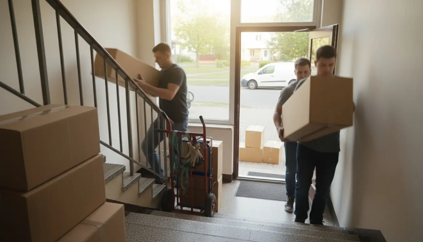 Flyttere bærer lange kasser op ad en lejlighedstrappe, med flere kasser på en trillevogn ved indgangen.