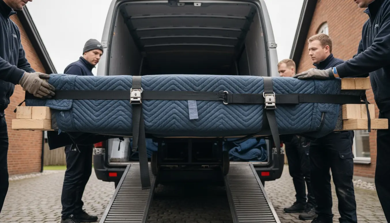 Tung poolbordplade pakket i flyttetæpper og løftes planligt ind i en varevogn med stropper og håndkraft.