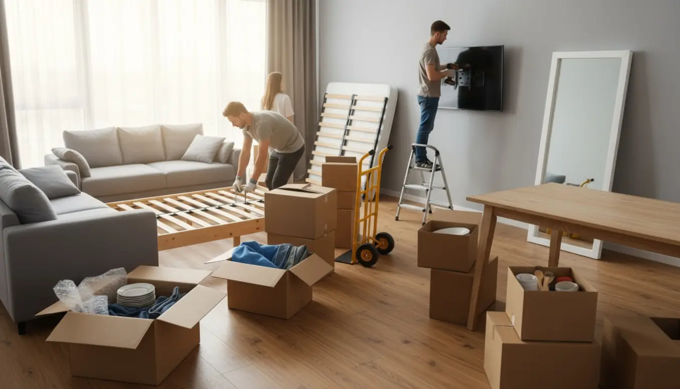 Solfyldt lejlighed midt i flytning med møbler, åbne flyttekasser og montering af vægmonteret TV og seng.