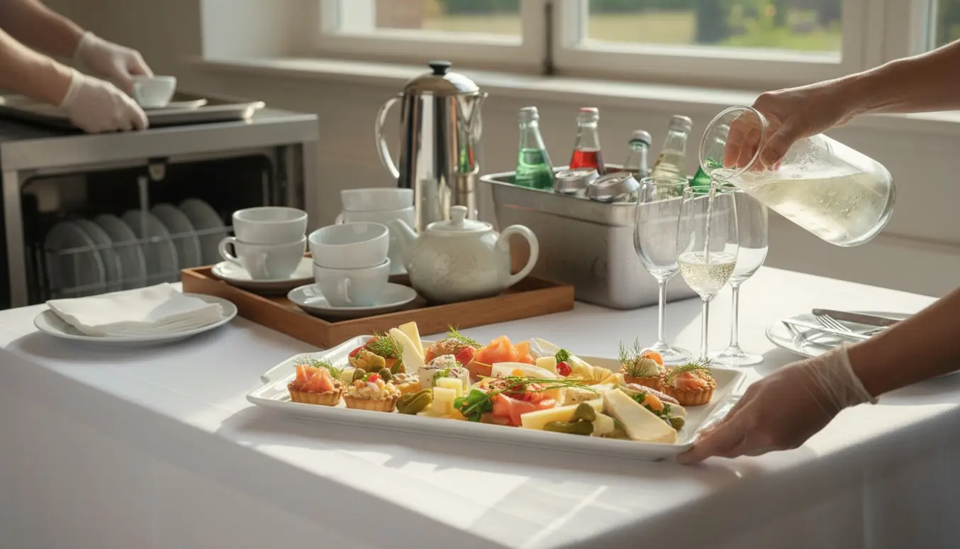 Hænder anretter kolde retter og opfylder velkomstdrinks på et veldækket buffetbord i blødt dagslys.