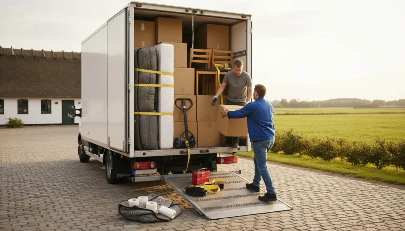 Åben flyttetransporter fyldt med pakkede kasser og møbler, mens to personer læsser ved en indkørsel i blødt sollys.