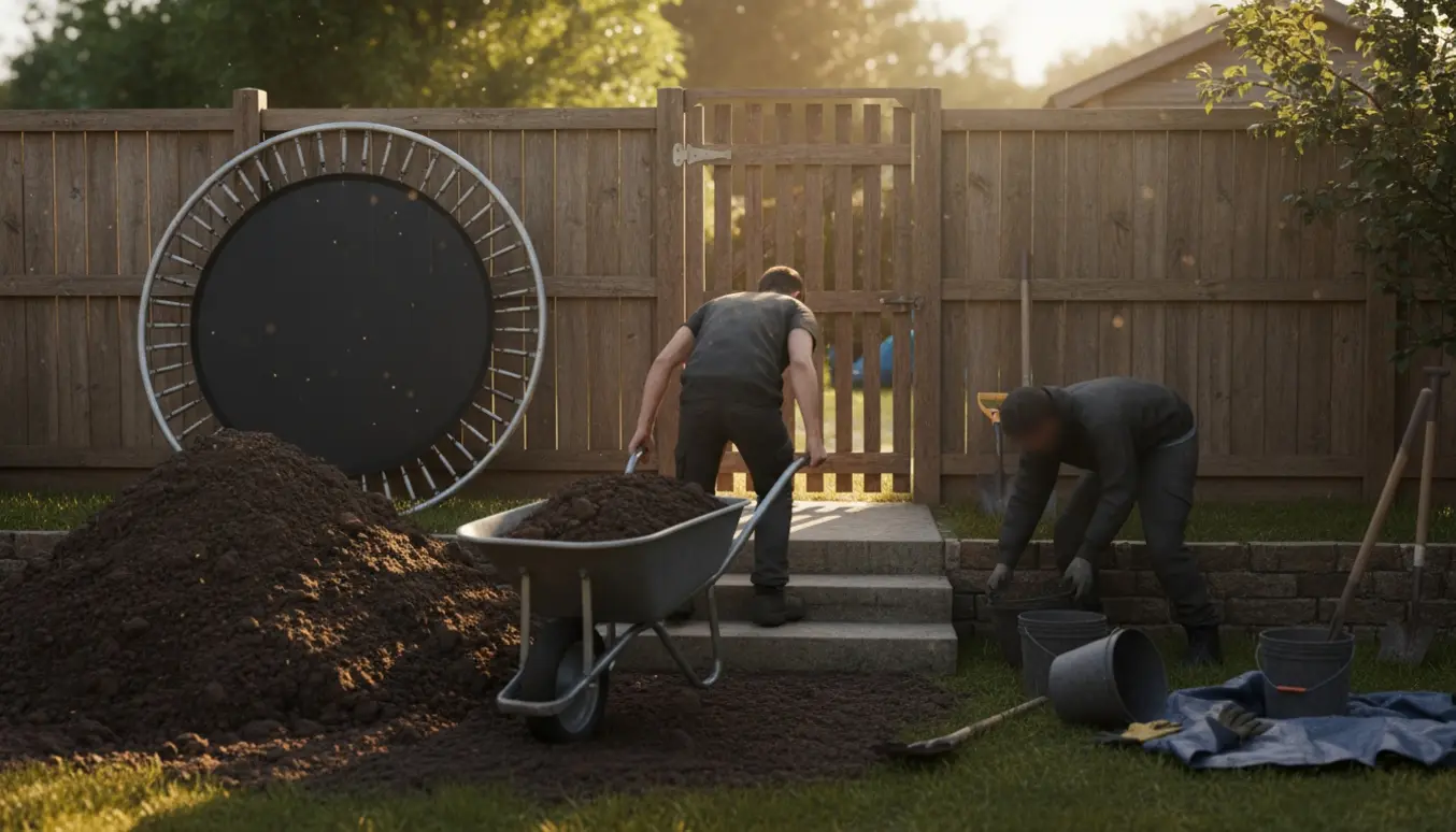 Trillebør fyldt med jord føres ned ad fire trin mod en smal døråbning i en baghave.