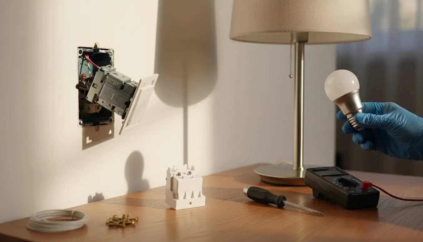 Nærbillede af en afmonteret lysdæmperkontakt med værktøj og en slukket lampe med ny pære ved siden af.