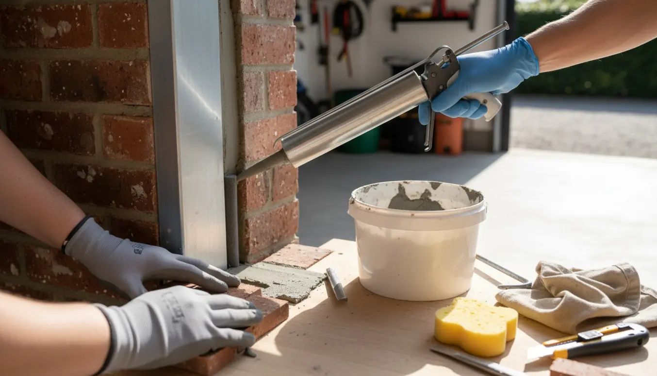 Nærbillede af arbejdshænder, der fuge og murer afslutningen omkring en garageport med fugepistol, murske og mørtel.