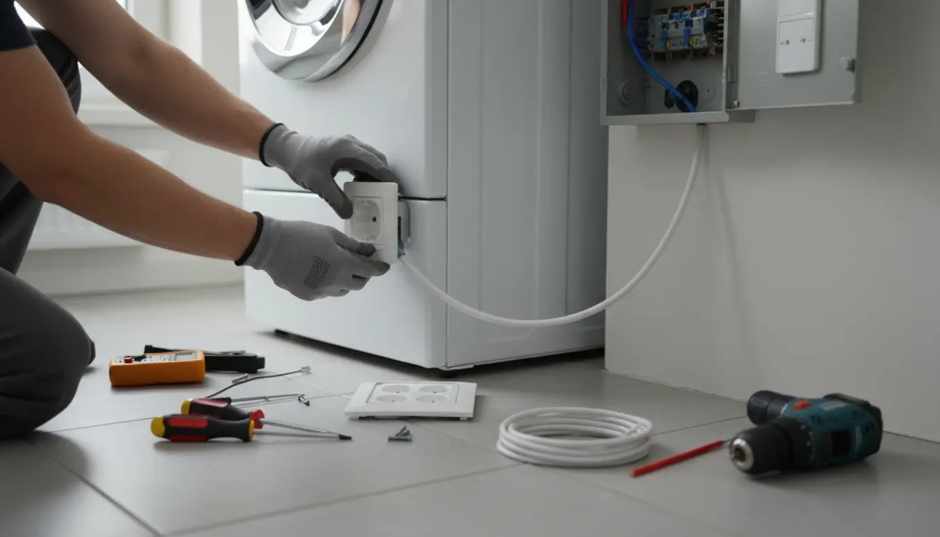 Hænder monterer to elektriske kontakter fra en åben eltavle til en vaskesøjle i et lyst vaskerum.