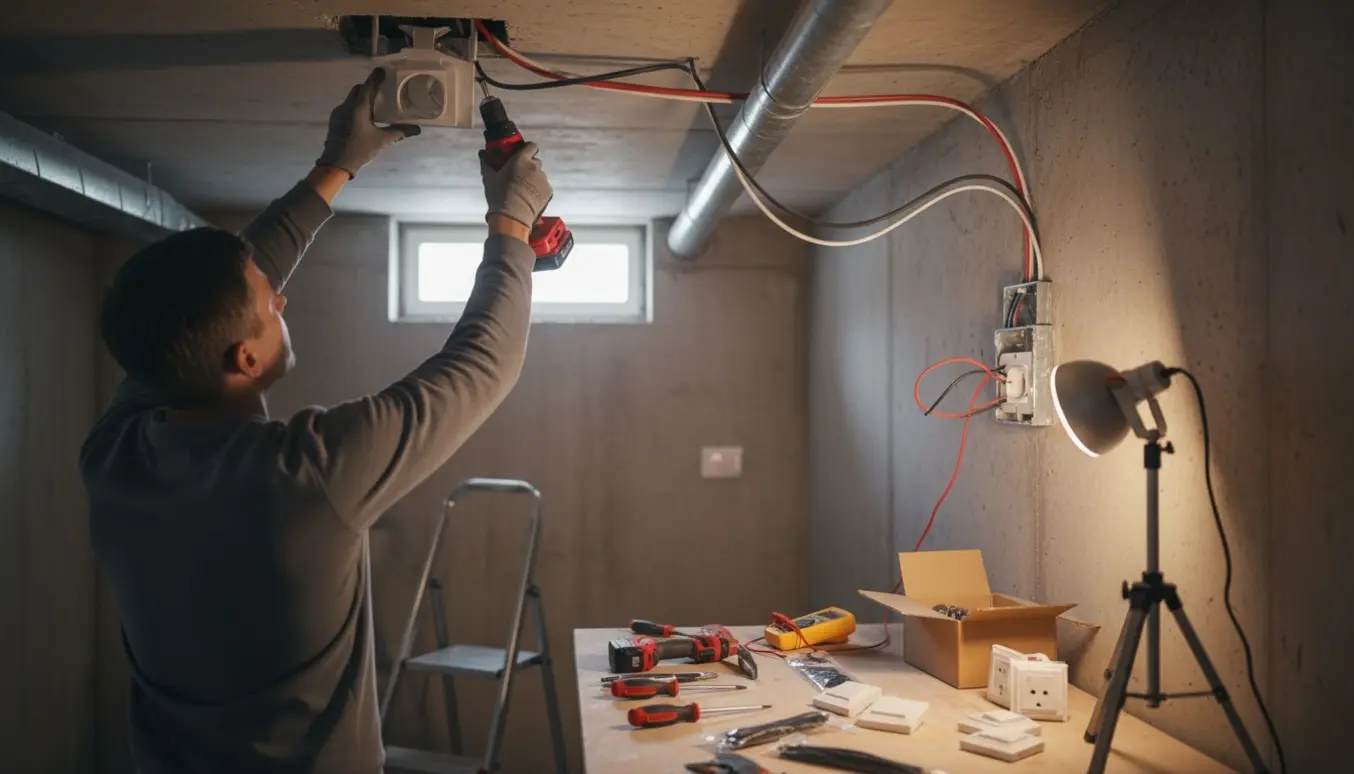 En elektriker monterer ventilator og stikkontakt i en kælder med synlige kabler og værktøj.