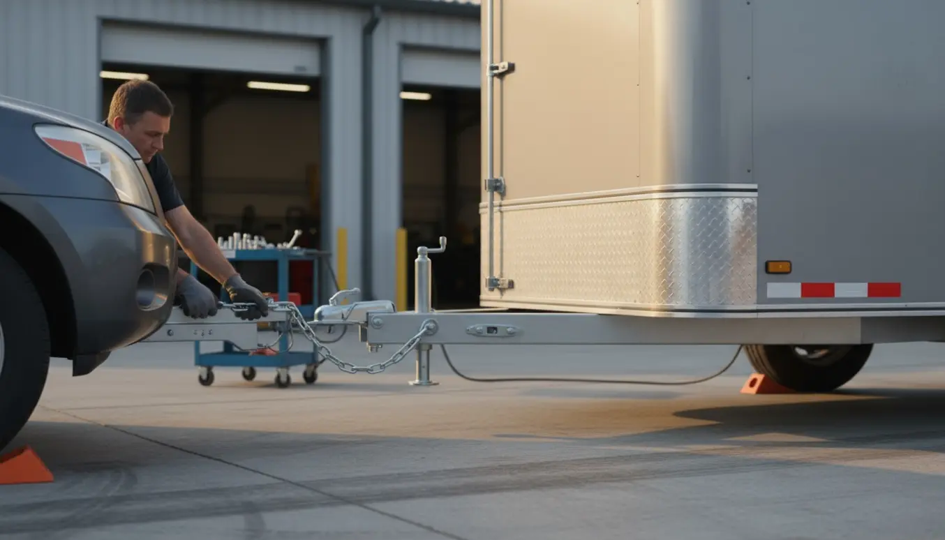 SUV kobler en tom autotrailer til anhængertrækket udenfor et autoværksted i varmt lys.