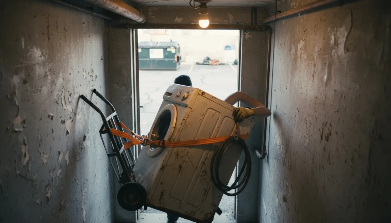 En gammel vaskemaskine bæres op ad en kældertrappe på en tralle mod storskraldspladsen.