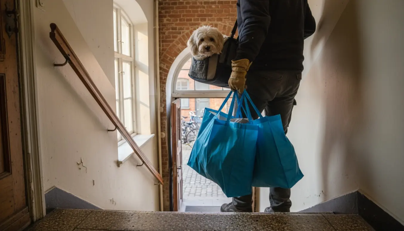 Flyttemand bærer fire store indkøbsnet og en lille hund op ad en københavnsk trappe, mens beboeren med knæskade holder sig i gelænderet.