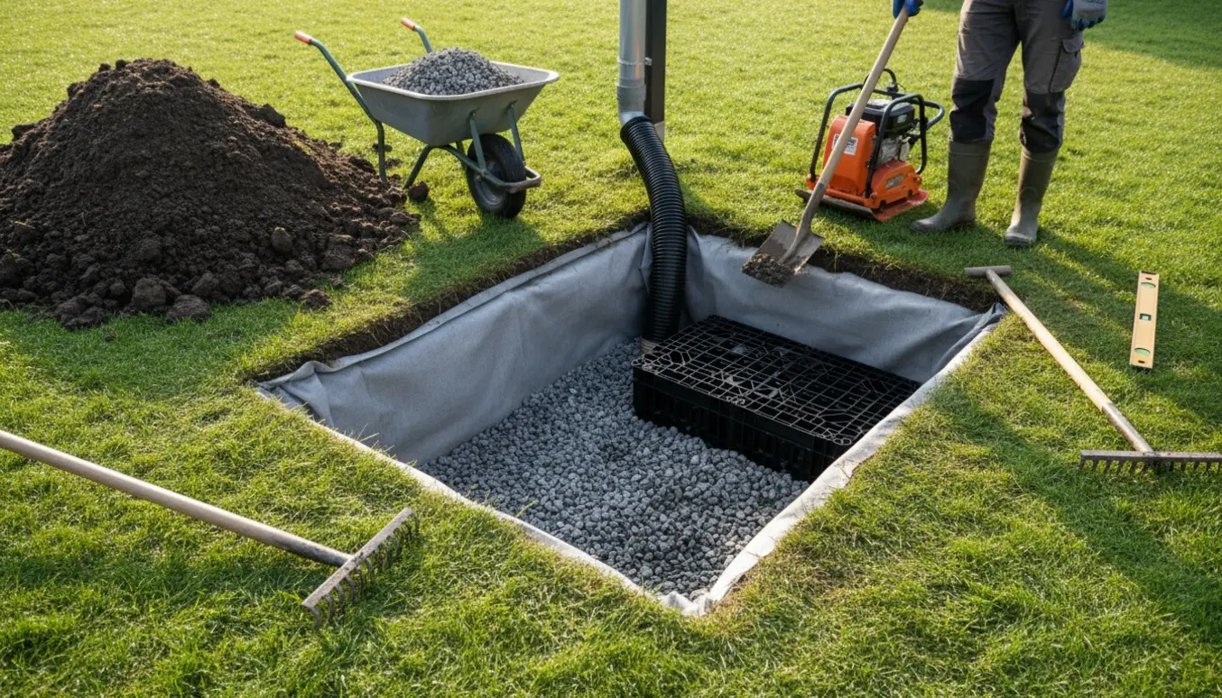 Etablering af faskine i græsplæne med gravet hul, geotekstil, sten og afløbsrør.