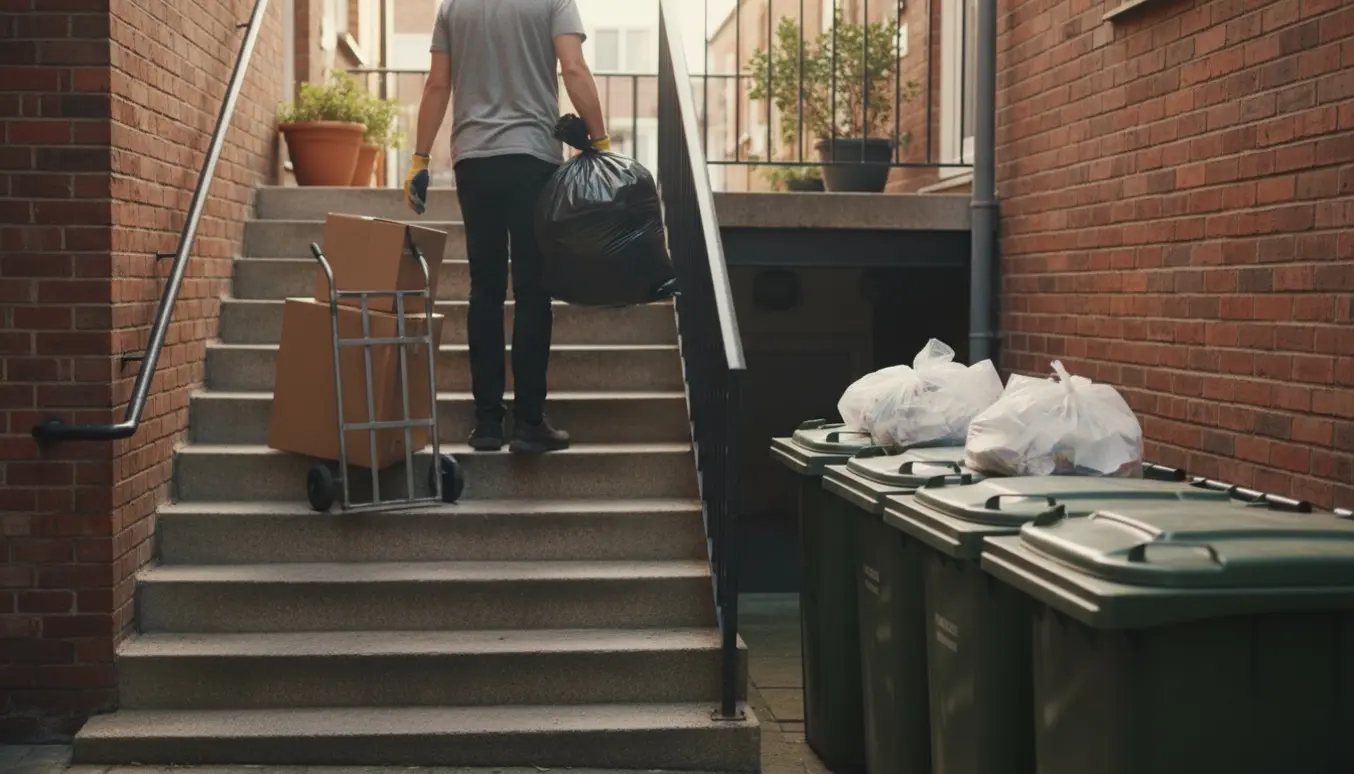 Person bærer affaldsposer og papkasser ned til affaldscontainere i en rolig gård.