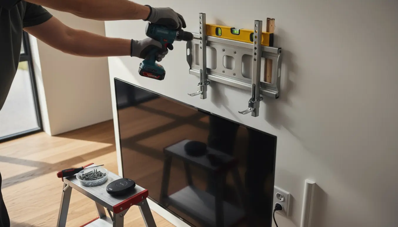 Håndværker monterer fladskærm på væggen med beslag og værktøj i en lys, moderne stue.