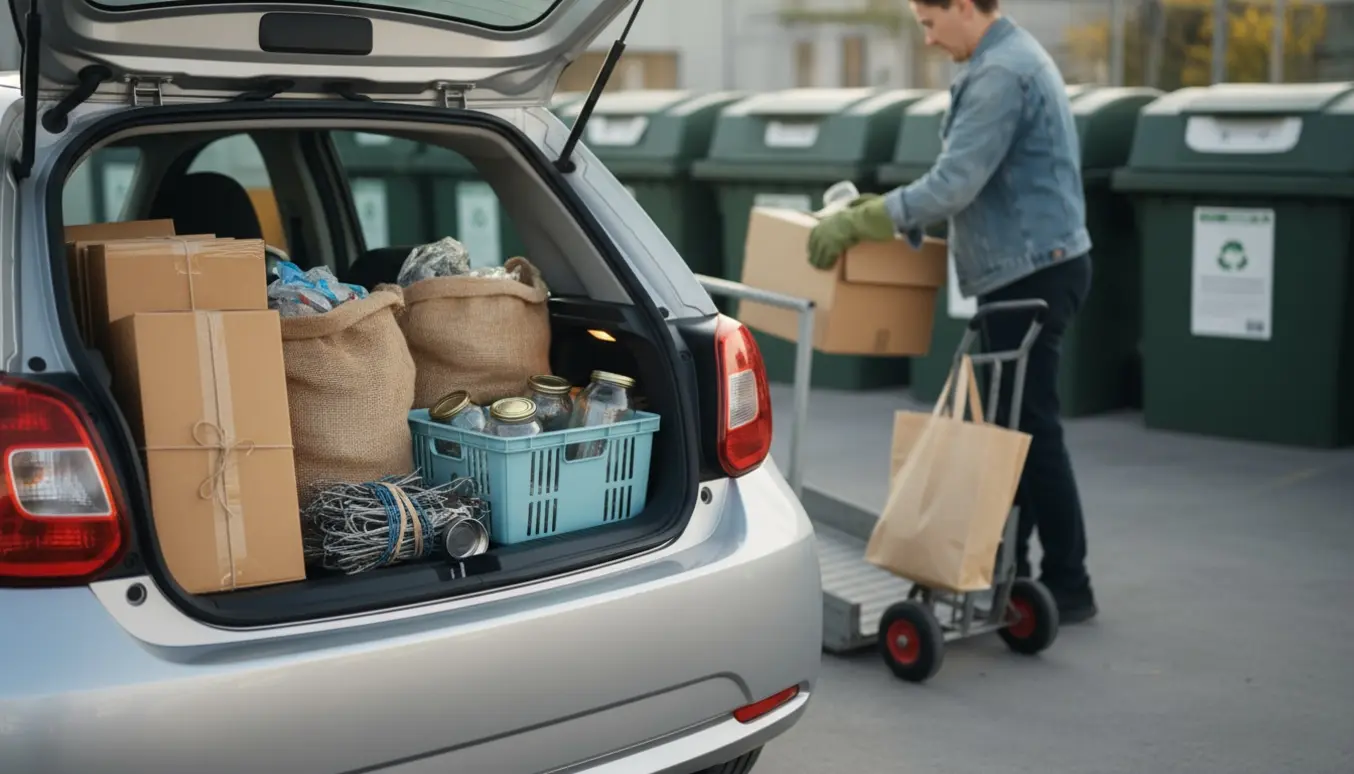 Bil med åben bagagerum ved en genbrugsplads, en person læsser affald i umarkerede containere.