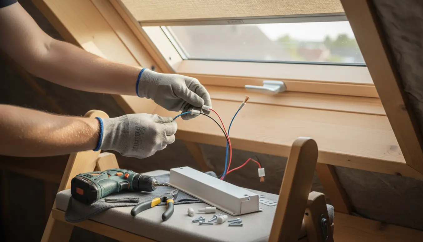 Nærbillede af arbejde med af- og genmontering af et tagvinduesgardin med handsker, ledninger og værktøj.