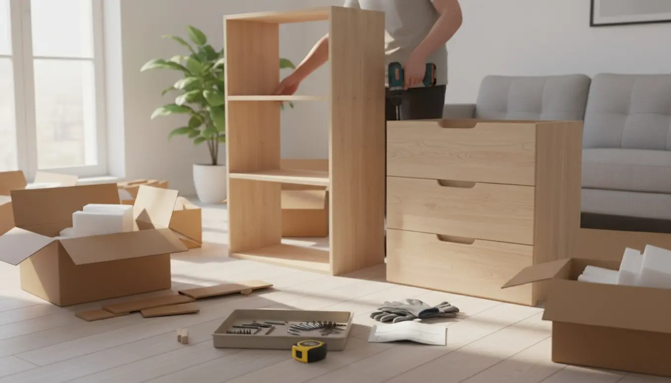 Delvist samlede fladtpakkede møbler i en lys stue med værktøj spredt omkring.