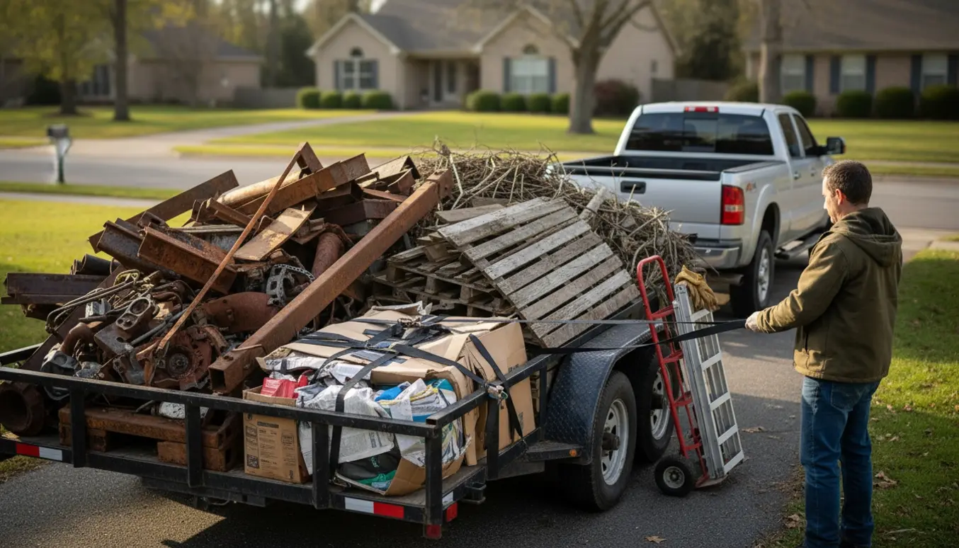 Trailer fyldt med sorteret jern, træ og brandbart affald i indkørsel klar til afhentning.